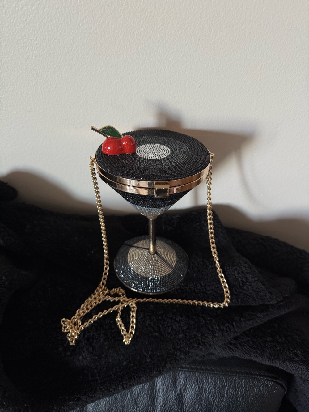 Black Beaded Martini Clutch with Red Cherry Accent - Women Accessories